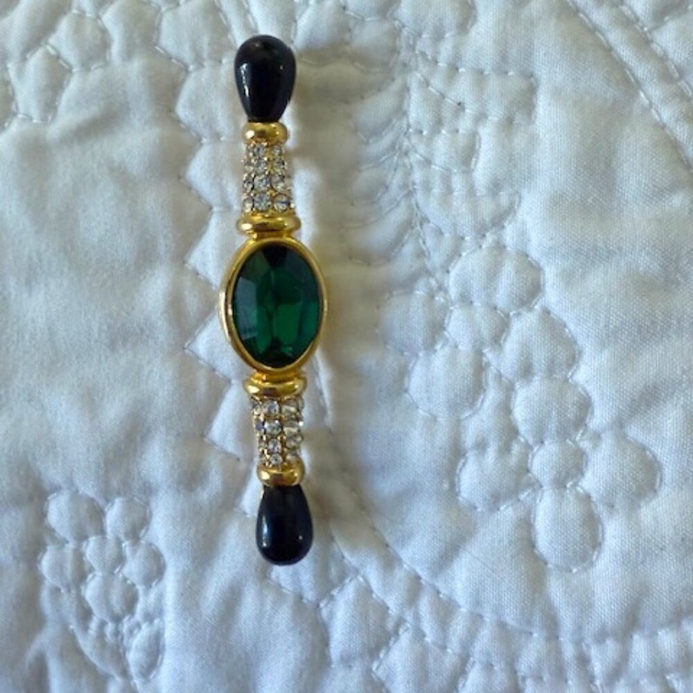Monet Green Rhinestone And Black Enamel Brooch